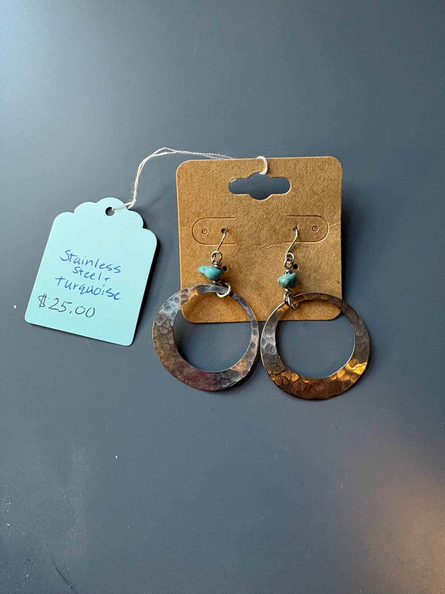 Open Circle Stainless Steal Turquoise Earrings