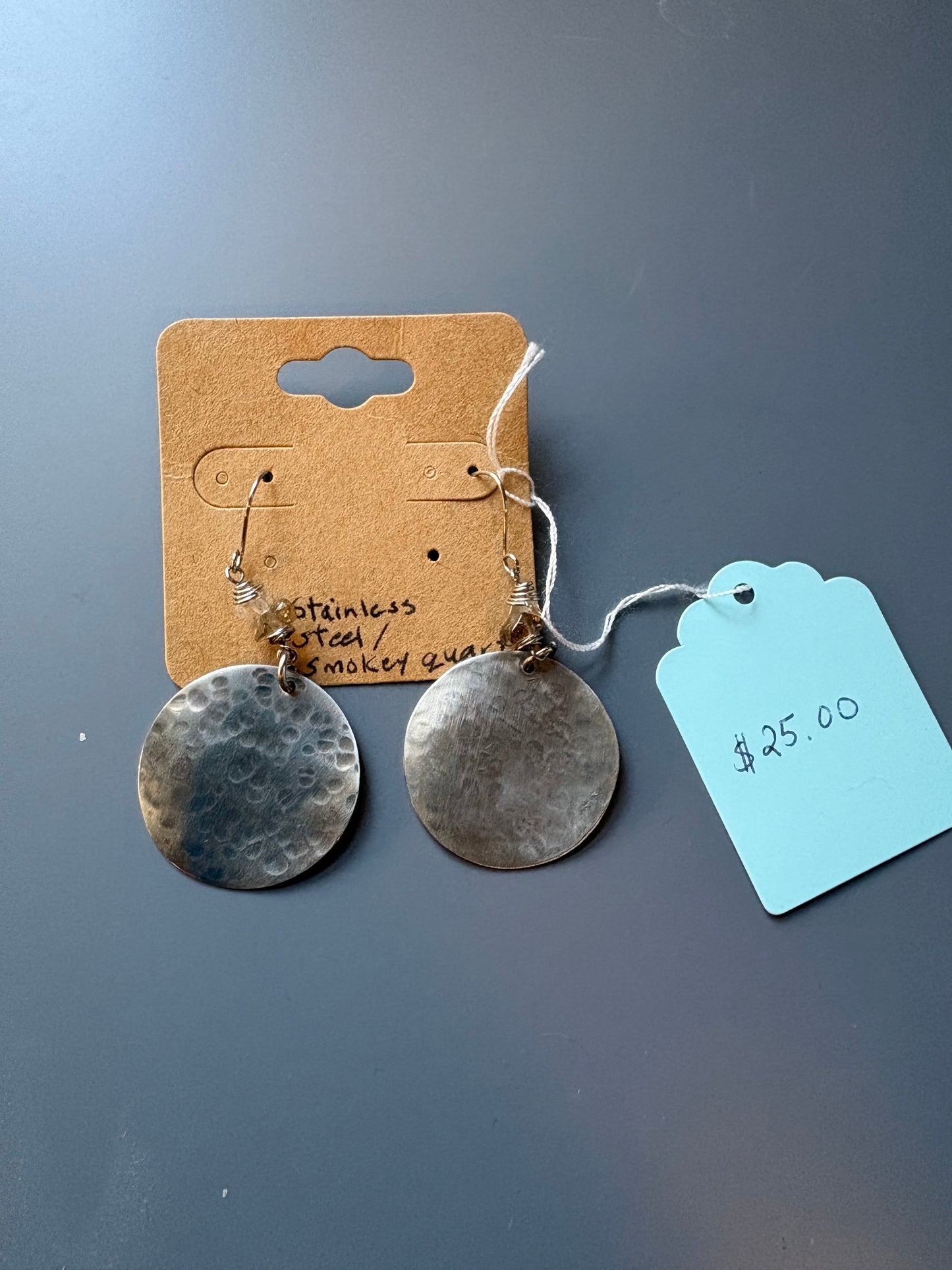 Round Smokey Quartz Stainless Steel Earrings