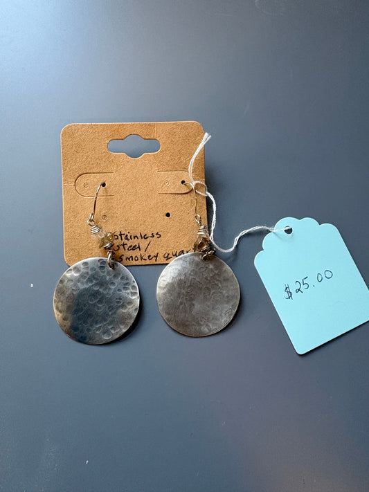 Round Smokey Quartz Stainless Steel Earrings