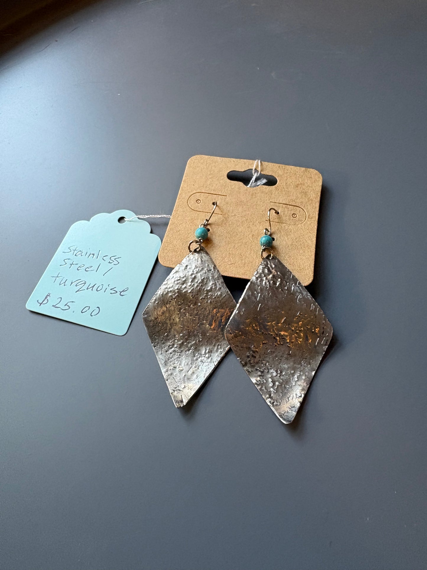 Stainless Steel Diamond Turquoise Earrings